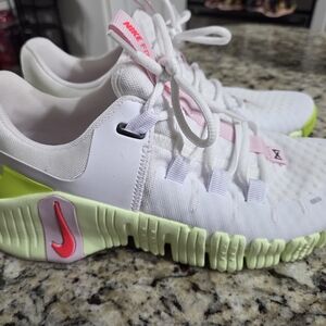 Nike White Sneakers with Neon Green and Pink Accents
